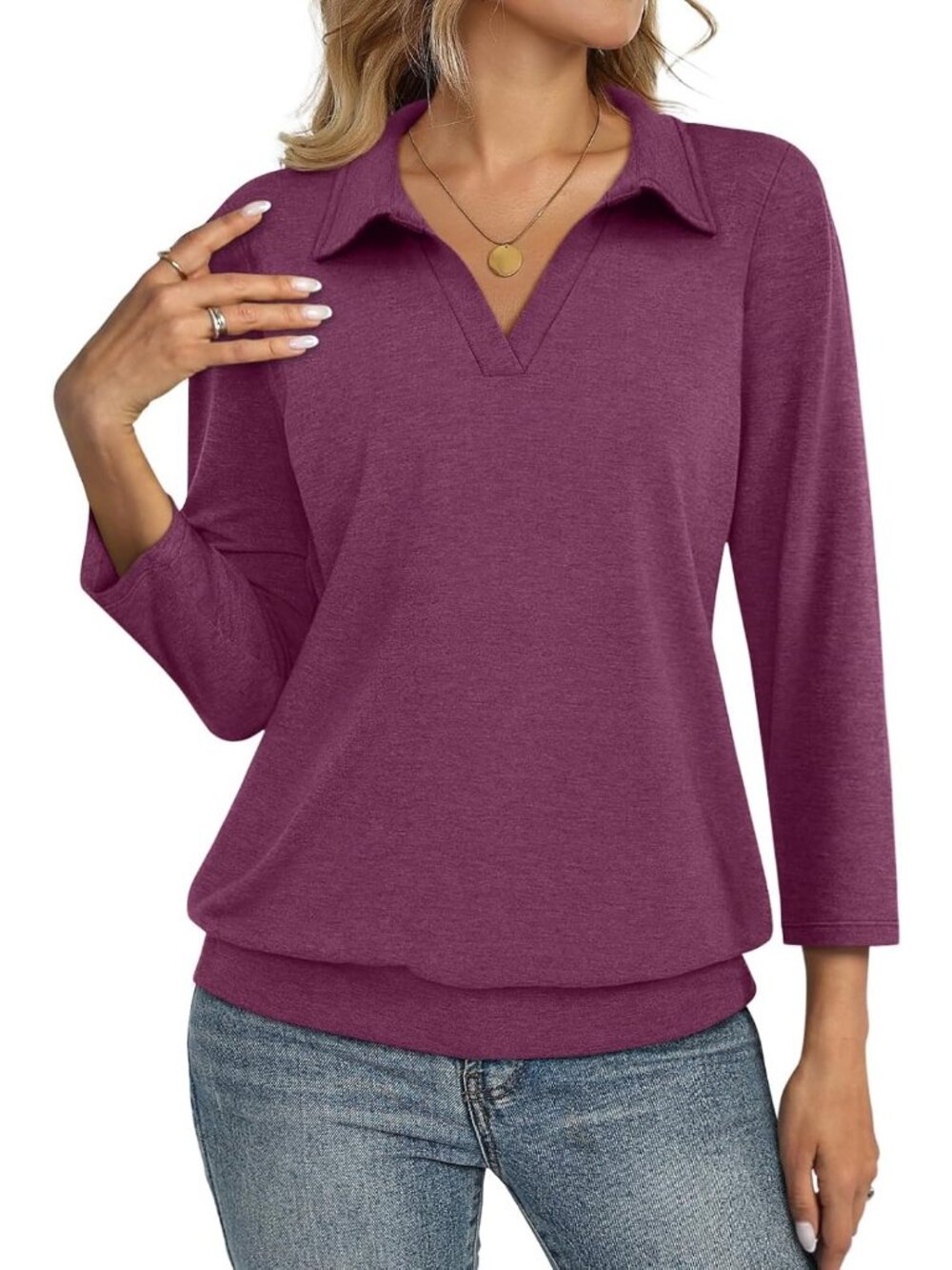 Women's Burgundy V Neck Banded Bottom 3/4 Sleeve Shirts Collared Casual Blouses